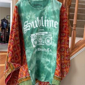 Custom- Upcycled- Sublime Graphic Tee with Kantha Sleeves!!!